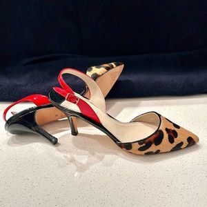 SEXY HEELS - NEW -SLINGBACKS - SIZE 7.5 (38) - FAUX LEOPARD & PATENT LEATHER